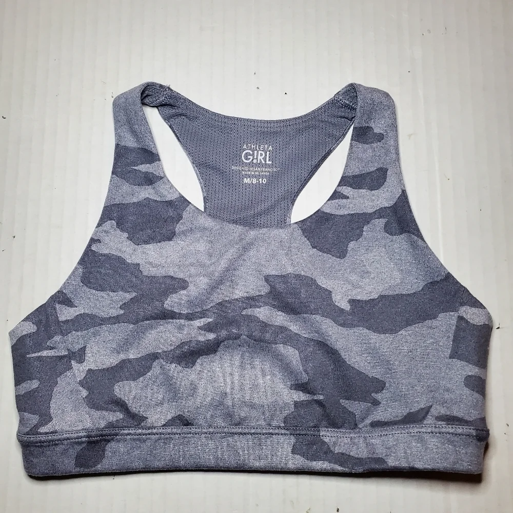 Athleta Sports Bra Girls Medium Youth Camo Racerback Gym Gray Logo Run